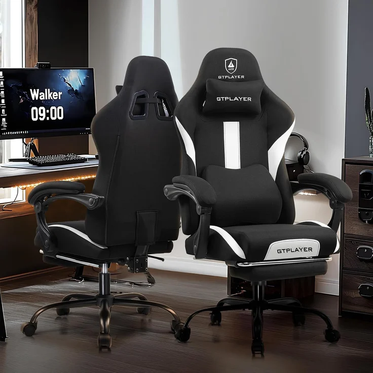 GTPLAYER Gaming Stuhl, Gamer Stuhl, Atmungsaktiver Bürostuhl aus Hochwertigem Stoff, Ergonomischer PC-Stuhl, Verstellbarer und Drehbarer Schreibtischstuhl mit Fußstütze Schwarz – Bild 5