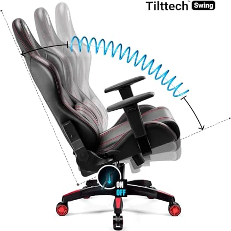 Diablo Chairs Gaming-Stuhl X-One 2.0 Kleiner Drehstuhl Ergonomischer Stuhl Mit Kopfstütze Und Lendenkissen Öko-Leder HDS Tilttech System HR-Schaumfüllung 64 x 33 x 120 cm Schwarz-Rot – Bild 5