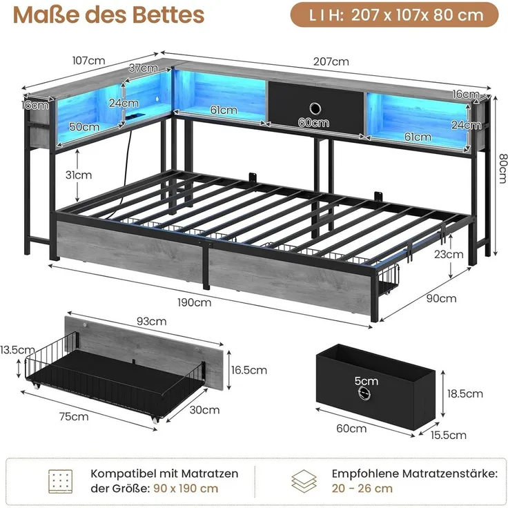 MSMASK Daybett Schlafsofa mit LED-Beleuchtung und Steckdose, Kinderbett, Jugendbett (1 tlg), Bett mit Metallrost, 90x190cm