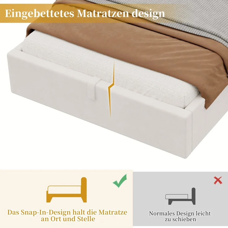 Polsterbett, Einzelbett, Kinderbett 90 x 200cm, hydraulisches Funktionsbett, Bett mit Lattenrost, gepolstertes Kopfteil, großem Stauraum und USB& Type-C-Ladestation und Leselampe, samt, beige – Bild 6