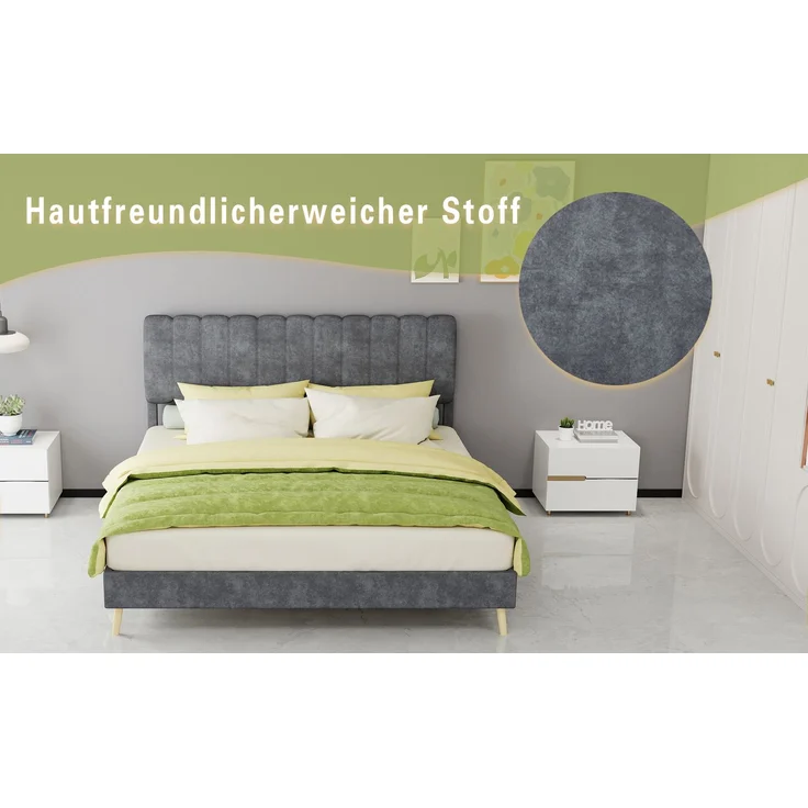 Novelux Modernes Polsterbett 160x200 cm mit weichem Kopfteil – Samtstoff Grau, Massivholz Bettrahmen, Minimalistisches Design ohne Matratze – Bild 6