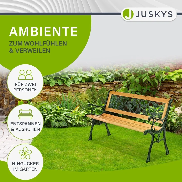 Juskys Gartenbank Venezia – 2-Sitzer Holzbank mit Armlehnen & Rückenlehne – wetterfeste Sitzbank 122x54x73 cm - Seitenelemente aus Gusseisen – Bild 4