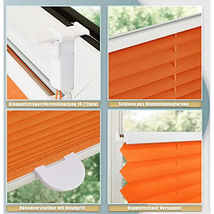 Buseu Plisseerollo Klemmfix 35x130cm, orange, lichtdurchlässig, ohne Bohren, für Fenster und Tür – Bild 4