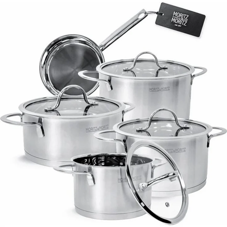 Moritz & Moritz Topf-Set Edelstahl Kochtopfset 9-teilig, 5 Kochtöpfe inkl. 4 Glasdeckel, Edelstahl (Set, 9-tlg, Set), für alle Herdarten – Bild 4