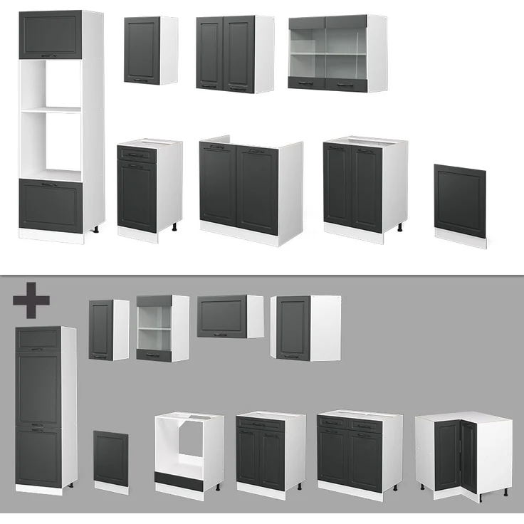 Küchenzeile R-Line Anthrazit Landhaus/Weiß 300 cm mit Hochschrank, ohne Arbeitsplatte Vicco – Bild 6