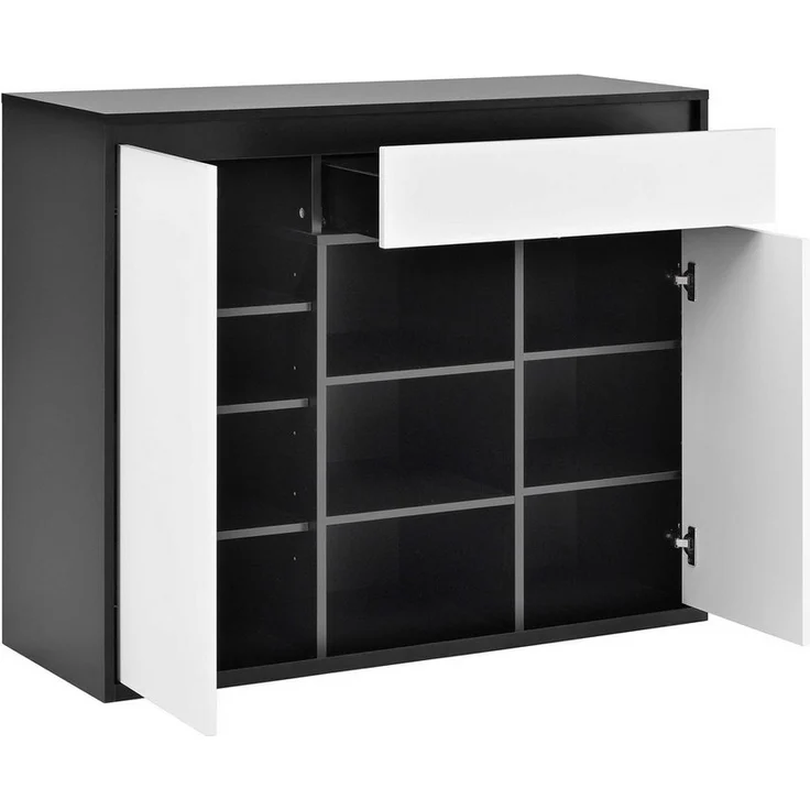 BlingBin Schuhschrank Schuhkipper Schuhkommode Schuhregal (für Flur,Diele,Bietet Platz für 12–17 Paar Schuhe, 1-St, mit zwei Türen und einer Schublade mit verstellbarem Schuhregal) LED,105x39,5x86cm,schwarz-weiß modern – Bild 3