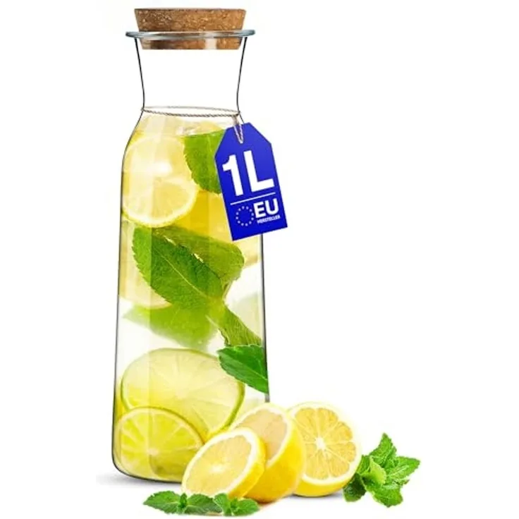 KONZEPT Wasserkaraffe Glaskaraffe mit Korkdeckel, 1 Liter, (Karaffe ideal für Wasser, 1-tlg, Saft, Limonade), ideal für Wasser, Saft, Limonade, Coctails und Milch
