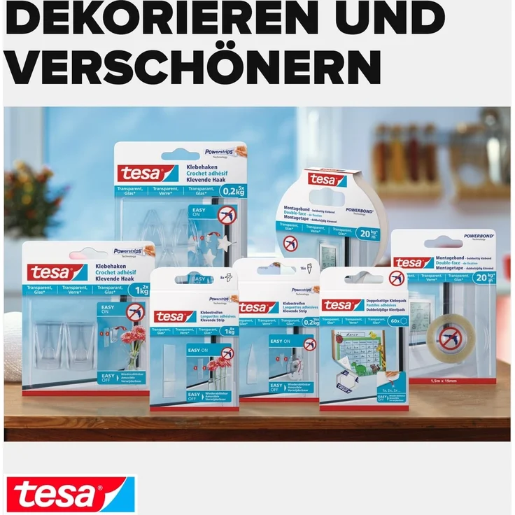 tesa Klebehaken POWERSTRIPS Doppelseitige Klebestreifen mit Bilderhaken, für Deko an Glas und Spiegel, (Spar-Set, 15-St, 3 x 5 tesa Powerstrips® Deko Haken), Transparente Klebepads - 3er Pack á 5 Dekohaken - je max. 200 g – Bild 7