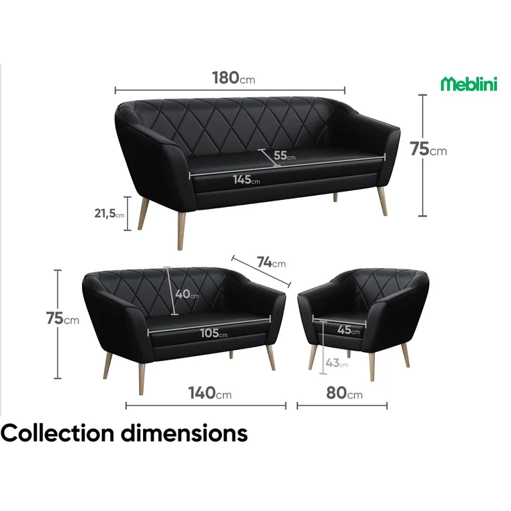 MEBLINI Sofa GISELA 3-Sitzer - Schwarz Kunstleder - für Wohnzimmer - Mini Lounge für drei Personen - Küchensofa - Sofa Klein – Bild 6
