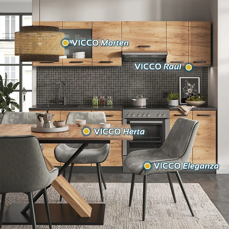 Küchenzeile Raul Goldkraft Eiche/Anthrazit 240 cm , AP Schwarz gemustert Vicco – Bild 2