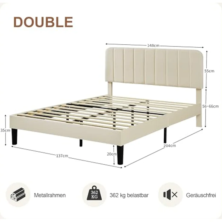VECELO Polsterbett 140x200 cm, Doppelbett mit Höhenverstellbarem Kopfteil, Samtbezug und Stabiler Lattenrost, Geräuschfrei, Einfache Montage, für Schlafzimmer und Gästezimmer, Beige – Bild 3