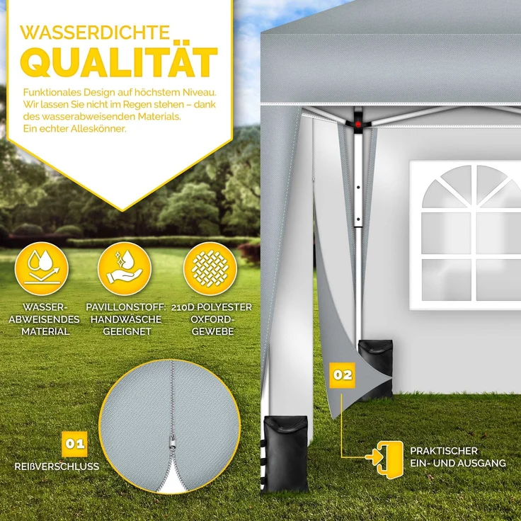 tillvex Pavillon 3x3m Grau wasserdicht mit 2 Seitenteilen + 4er Set Sandsäcke | Pop-Up Faltpavillon stabil & höhenverstellbar | Gartenzelt UV Schutz 50+ | Partyzelt mit Tasche für Garten – Bild 10
