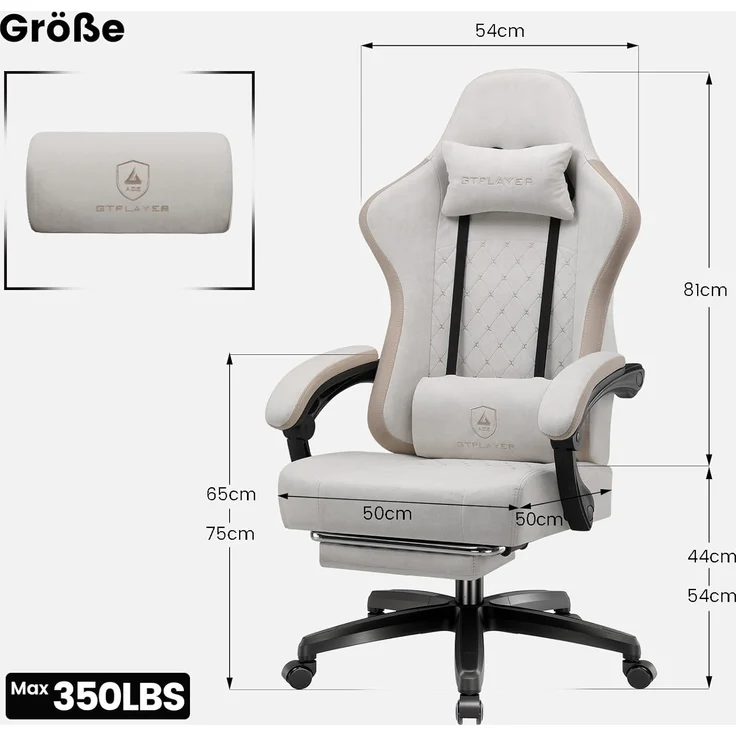 GTPLAYER Gaming-Stuhl Ergonomischer Gaming Sessel Schreibtischstuhl mit Stoffoberfläche (Pacekung), Federsitzkissen mit Fußstütze – Bild 2