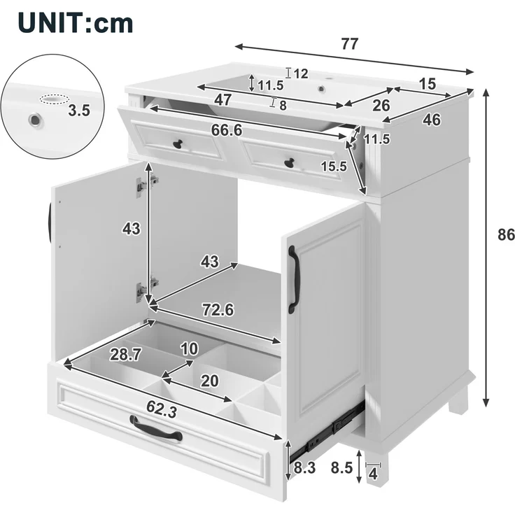 77 x 46 x 86 cm, freistehender Waschtisch, komplett lackiert, integriertes Keramikwaschbecken, 9 Ablagefächer, Doppeltürschrank mit Soft-Close-Scharnieren, weiß. – Bild 6