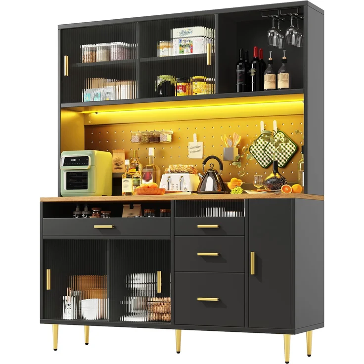 Sideboard 145x39x171 cm, schwarz, mit LED, Glasschiebetür, höhenverstellbaren Fächern – Bild 7