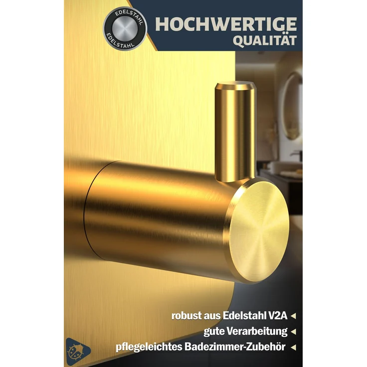 Lindenstein Handtuchhaken 4er-Set Gold – Edelstahl V2A, selbstklebend mit 3M-Pads – Bild 5