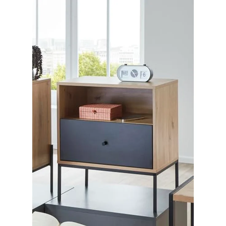 XXXL Beistelltisch Schwarz, Eiche, Metall, mit 1 Schublade und offenem Fach, rechteckig, 42x60x55 cm – Bild 8