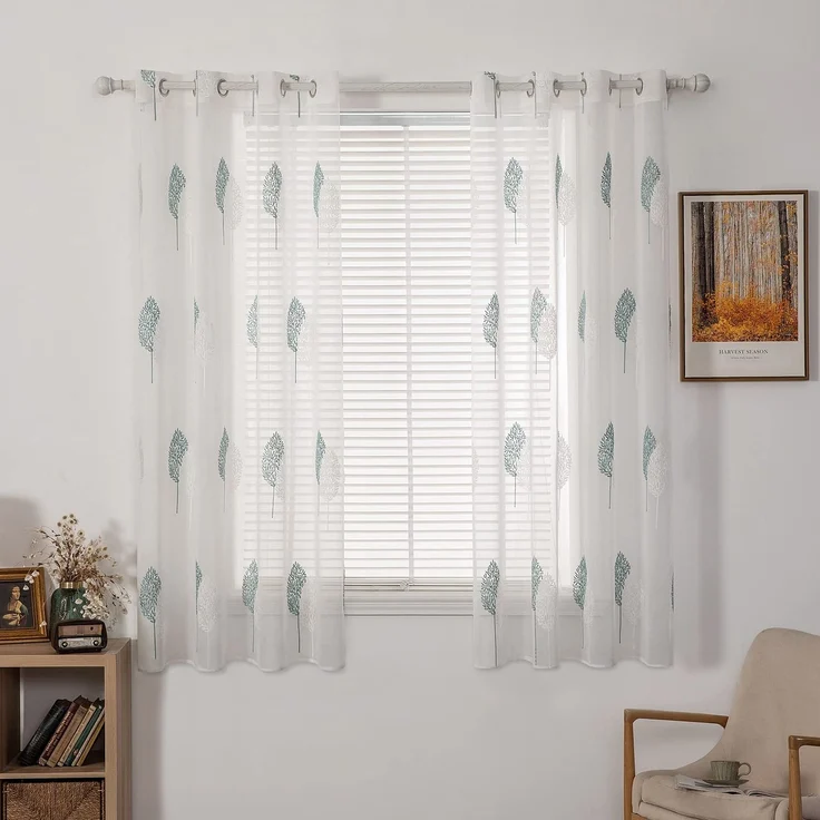 MIULEE Gardinen mit Türkis und Weiss Blätter Muster 2er Set 140x175cm | Modern Stickerei Wohnzimmer Vorhänge Transparent mit ösen für Schlafzimmer Deko, Schöne Blätter Muster Vorhang Fenster