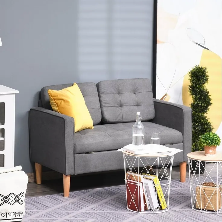 HOMCOM 2-Sitzer Sofa Stoffsofa Doppelsofa abnehmbar mit Kissen Gummiholz Baumwoll Grau 117 x 62 x 78 cm