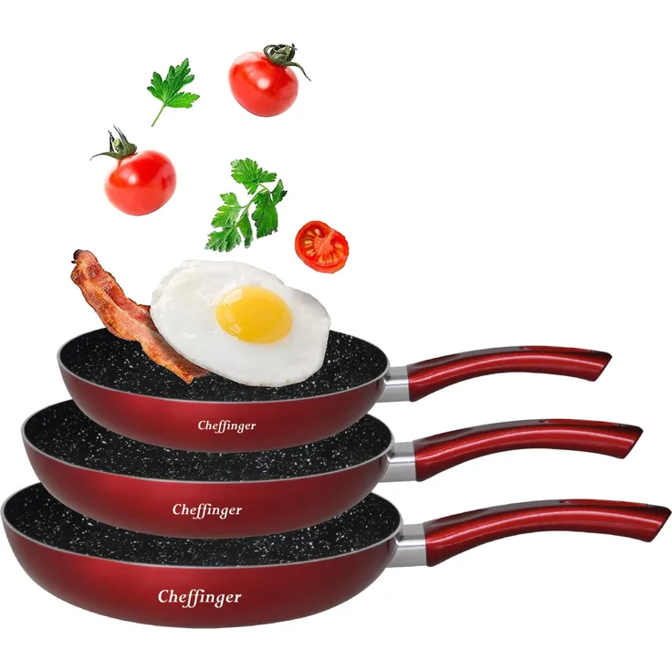 Pfannenset 3 tlg. Induktion Antikratz Marmor Bratpfanne Pfanne ø20-ø24-ø28cm für alle Herdarten Rot