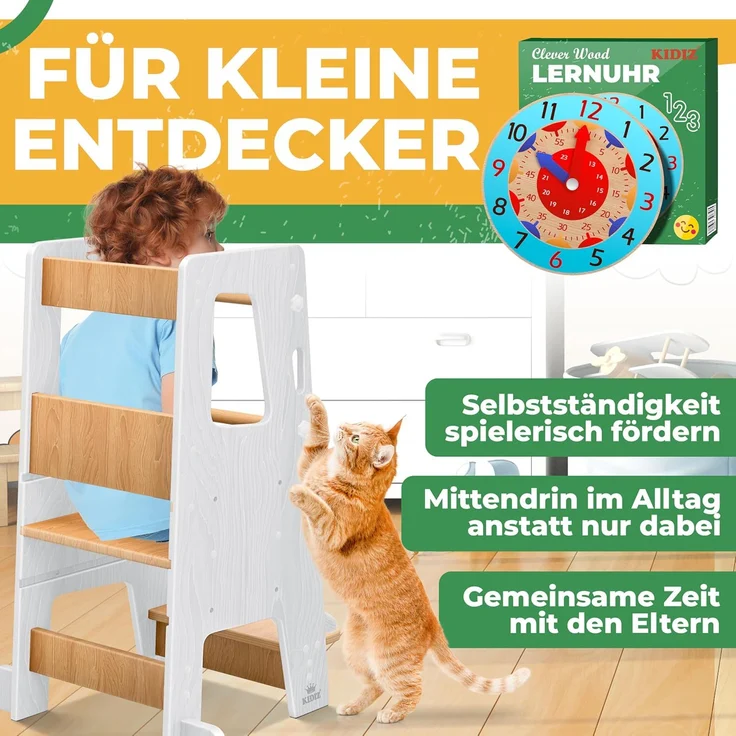 KIDIZ® Lernturm für Kinder ab 1 Jahr inkl. Lernuhr | 3-stufig Höhenverstellbarer Tritthocker aus Kiefernholz | spielerisch motorische Fähigkeiten fördern Montessori Learning Tower bis 50 kg belastbar Weiß / Hellbraun – Bild 3