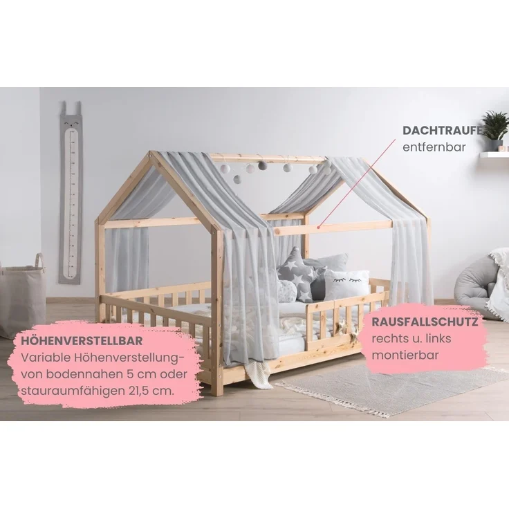 TiCAA Kinderbett Hausbett mit Tüll Kim 90x200 cm, 100x200 cm, 120x200 cm, 140x200 für Jungen & Mädchen, inkl. Rolllattenrost, Rausfallschutz variabel, Montessori Bett Natur aus Kiefer Massivholz – Bild 5