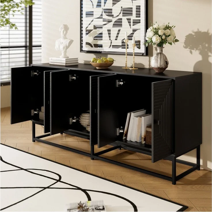 MODFU Lowboard Sideboard 160x75,5x38 cm mit 3 Doppeltüren, matt-schwarz (Packung, 1 St, rei große Doppeltürfächer, mit hochwertigen Scharnieren), Großem Stauraum und Matt-Oberfläche,Solider Rahmen – Bild 4