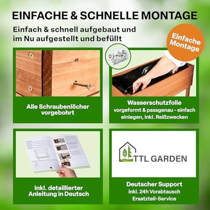 TTL GARDEN Balkon Hochbeet XL 120 x 40 x 80 cm aus Holz - Pflanzkasten & Blumenkasten mit Ablageboden & Folie - Tannenholz wetterfest - Pflanzbeet Kräuterbeet Blumenbeet für Garten Balkon Terrasse Braun – Bild 5