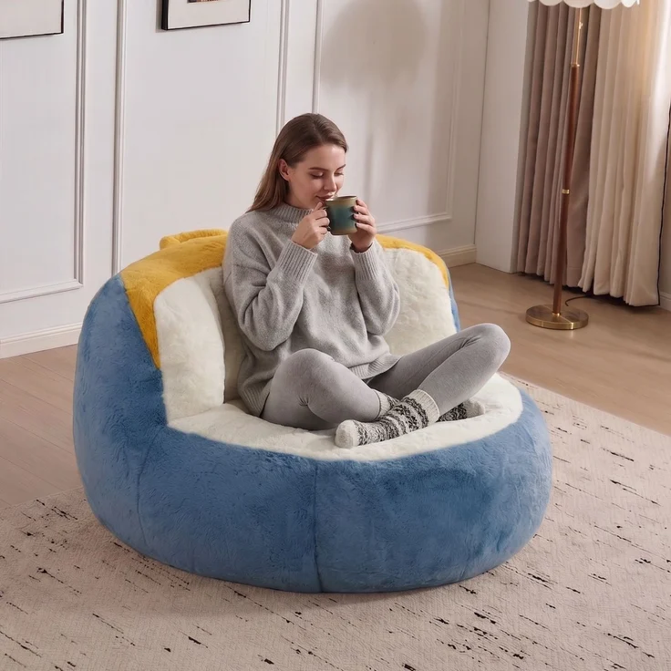 Übergroße Sitzsäcke, mehrfarbiges Kunstfellsofa mit Füllung aus Schaumstoffflocken, großes Lounge-Sofa fürs Wohnzimmer, keine Montage erforderlich, Blau+Weiß+Gelb – mehrfarbig – 106 x 110 x 77 cm – YOUDENOVA – Bild 8
