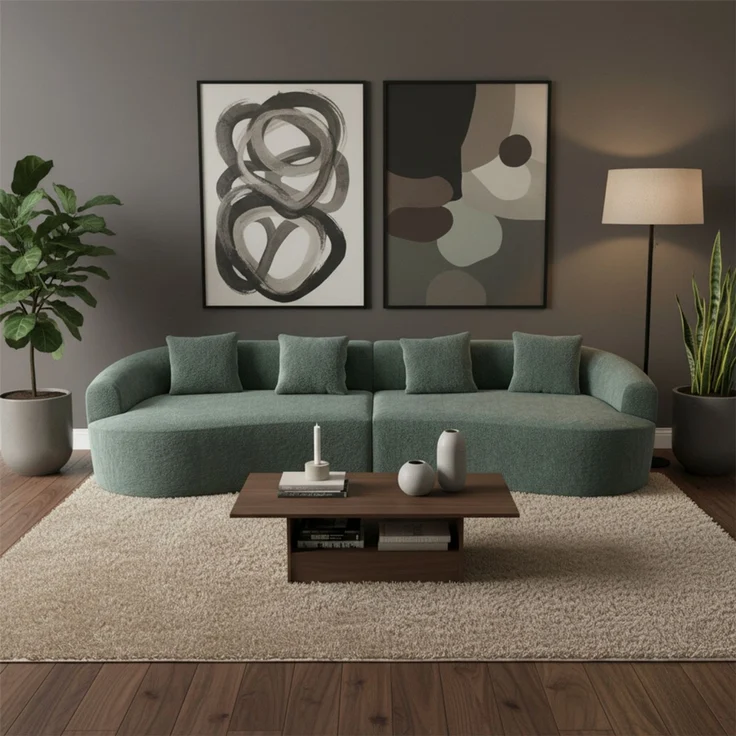 skølm 'Loki' Sofa 4 Sitzer, Vollschaumcouch mit Federkern und Vakuum-Kompression, kein Aufbau erforderlich, mit 4 Kissen, Teddy-Bouclé Stoff dunkelgrün – Bild 10