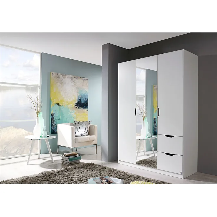 rauch Freiham, Kleiderschrank, 3-türig, 1 Spiegeltüre, 2 Schubladen, mit 3 Einlegeböden, 1 Kleiderstangen, Farbe Weiß, BxHxT 136x197x54 cm