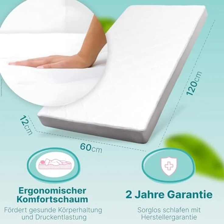 Sun Garden Komfort Babymatratze, Kindermatratze 60x120 cm inkl. Trittkante, Oeko-Tex 100 Zertifiziert, Komfortschaum, ergonomisch, für Babybett, Kinderbett, Reisebett, Bezug bis 60°C Grad waschbarer – Bild 2