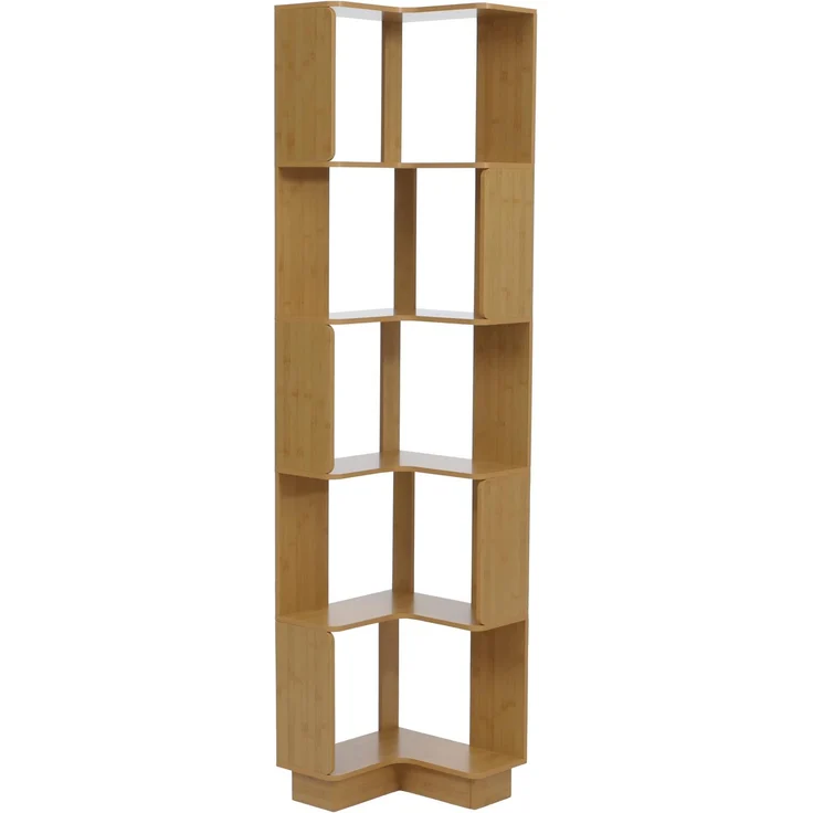 Eck-Bücherregal HWC-P53, Eckregal Standregal Wohnregal, 5 Ebenen MDF Melamin 175x40x40cm ~ Bambus-Optik – Bild 9