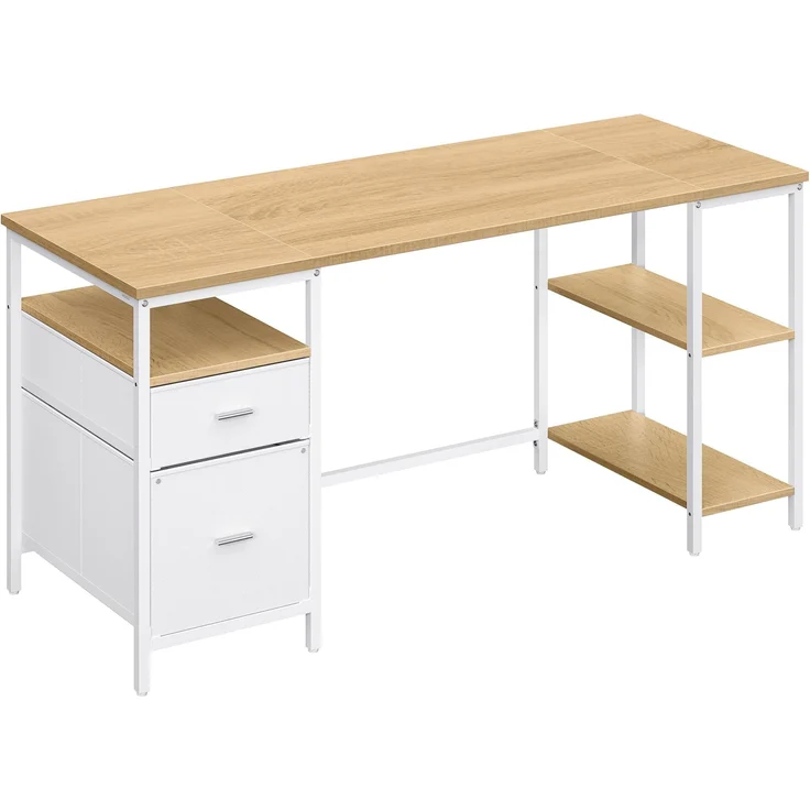 VASAGLE Computertisch, Bürotisch, Schreibtisch, mit 3 Ablagen, 2 Schubladen, 160 x 60 x 76 cm, fürs Büro, Wohnzimmer, moderner Stil, natureichenfarben-wolkenweiß LWD105YD01 – Bild 1