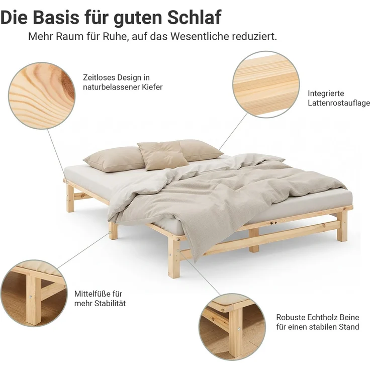 Holzbett 160x200 mit Lattenrost Doppelbett Holz Natur Bett Massiv Palettenbett Bettgestell Holzbettrahmen – Bild 6