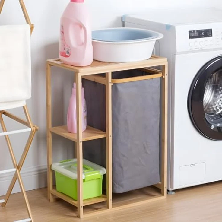 Avilia Badezimmerschrank aus Bambus mit Wäschekorb aus Stoff und 2 Einlegeböden – 50 x 30 x 70 cm – Fassungsvermögen des Korbs 15 kg, Ablagen 6 kg – Korb für schmutzige Tücher, geeignet für Bad und – Bild 6