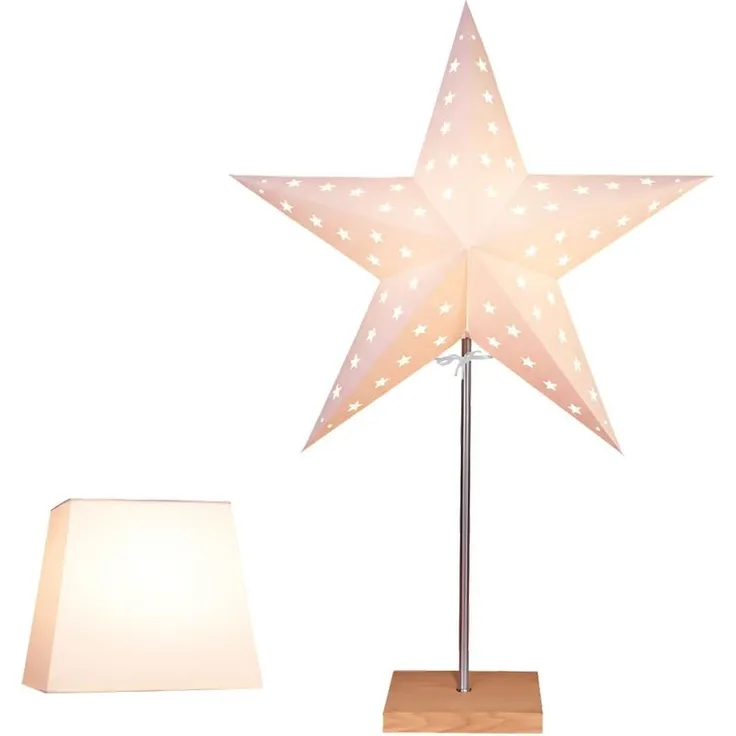 EGLO Tischlampe mit Wechselschirm, 3D Papierstern Weihnachten oder eckiger Lampenschirm in Weiß mit Fuß aus Holz und Metall, Dekostern Tischleuchte mit Kabelschalter, E14, Höhe 65 cm