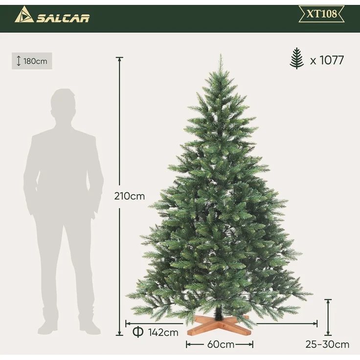 SALCAR 210cm Weihnachtsbaum Künstlich mit Holzständer, PVC Nadeln, Realistischer Christbaum, Hochwertige Dekoration für Innenräume, Einfacher Aufbau – Bild 2