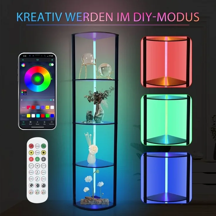 XERSEK Eckregal LED Standregal Bücherregal Vitrine Dimmbar mit Fernbedienung Smart, Metallrahmen Regal 4-6 Ablagen, Für Wohnzimmer / Schlafzimmer / Flur / Büro