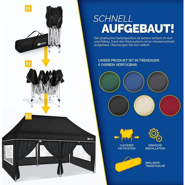 tillvex Pavillon 3x6m - mit 6 Seitenwänden Schwarz wasserdicht | Pop-Up Faltpavillon höhenverstellbar | Gartenzelt UV Schutz 50+ | Partyzelt mit Tasche für Garten – Bild 9