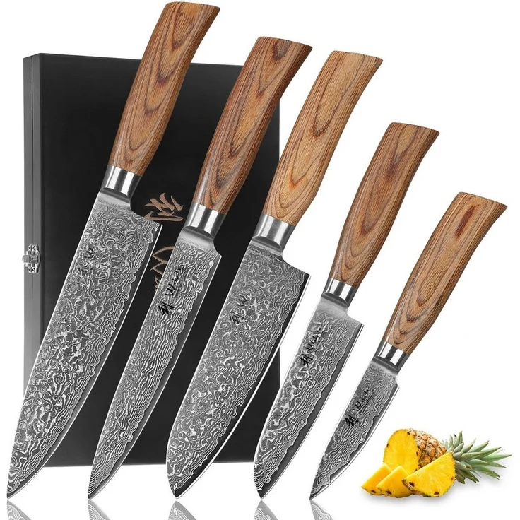 Wakoli Messer-Set Edib Pro 5 Damastmesser I Kochmesser Küchenmesser I 8-20cm Klingen (Damastmesser mit Geschenkbox, 5-tlg, 5er Damastmesser-Set mit Holzbox), 67 Lagen Damaststahl, VG-10 Stahlkern – Bild 5