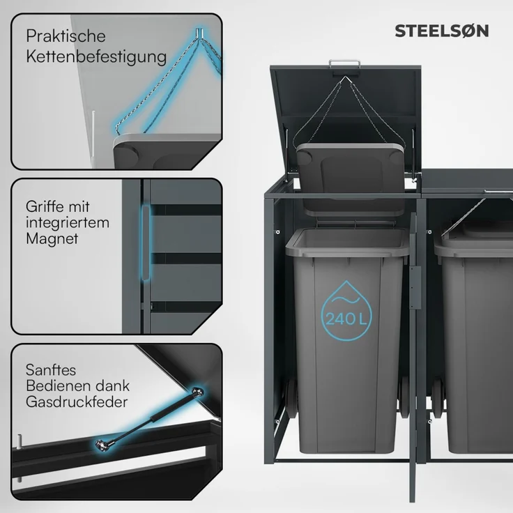 STEELSØN 'Kestra' Mülltonnenbox 3er je 240 Liter, anthrazit, Mülltonnenverkleidung aus Stahl, wetterfest, 116x80x203 cm, Müllbox für 3 Tonnen – Bild 4