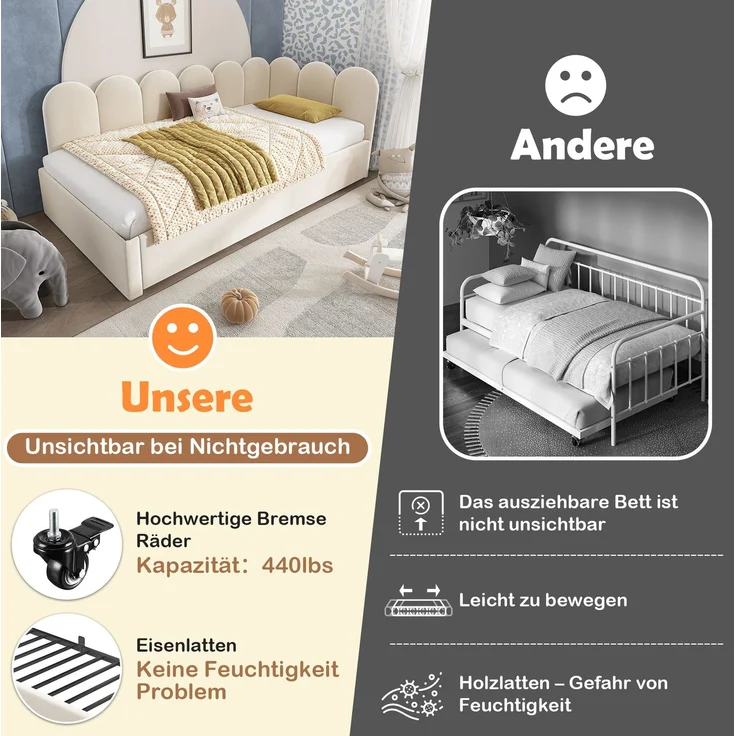 Daybett 90x200 cm mit Ausziehbett 90x190 cm – gepolstertes Schlafsofa aus Samt in Beige – Bild 8
