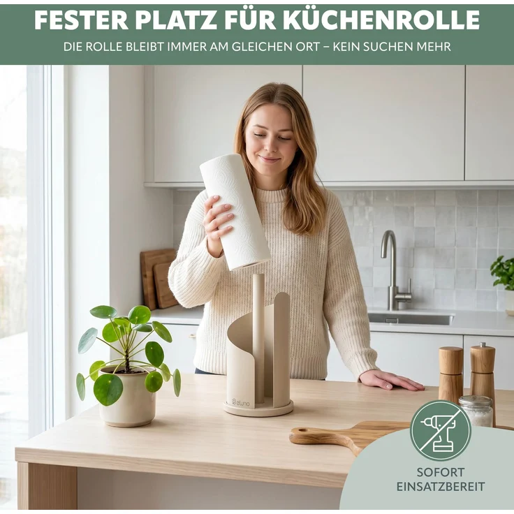eluno Küchenrollenhalter bis 28 cm oder 3 Toilettenpapierrollen aus Edelstahl und Metall, beige, ca. Ø 15,5 x 31 cm – Bild 4