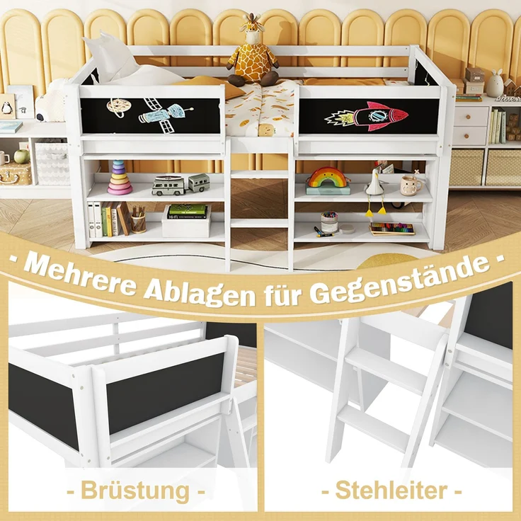 Kinder Halbhohes Bett 90x200 cm mit Aufbewahrungsfächern,Sicherheitsgeländer,stabile Leiter, Zeichentafel,multifunktionales Hochbett – Bild 5