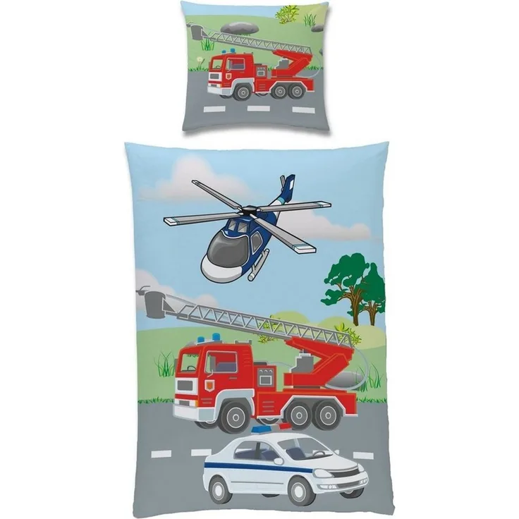 Kinderbettwäsche mit Feuerwehr & Polizei Motiv für Jungen 135x200 80x80 cm aus 100% Baumwolle
