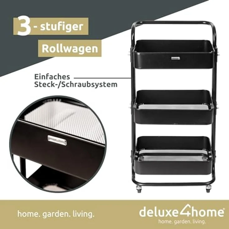 deluxe4home Rollwagen Küchenwagen mit 3 Ablagen I Aufbewahrung Mehrzweckwagen, Rollbar – Bild 4