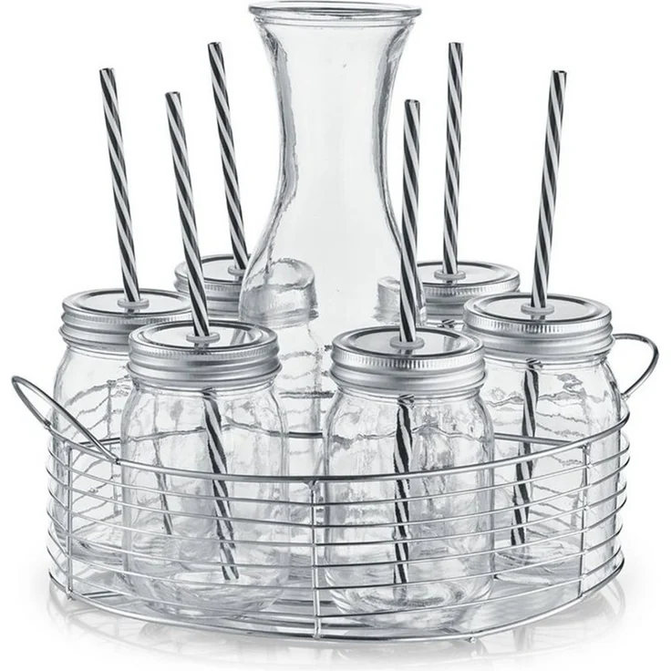 Neuetischkultur Karaffe Gläserset mit Glaskaraffe, (Set, 8-tlg, 1 Karaffe, 6 Gläser mit Deckel und Strohhalm, 1 Tragekorb) – Bild 3