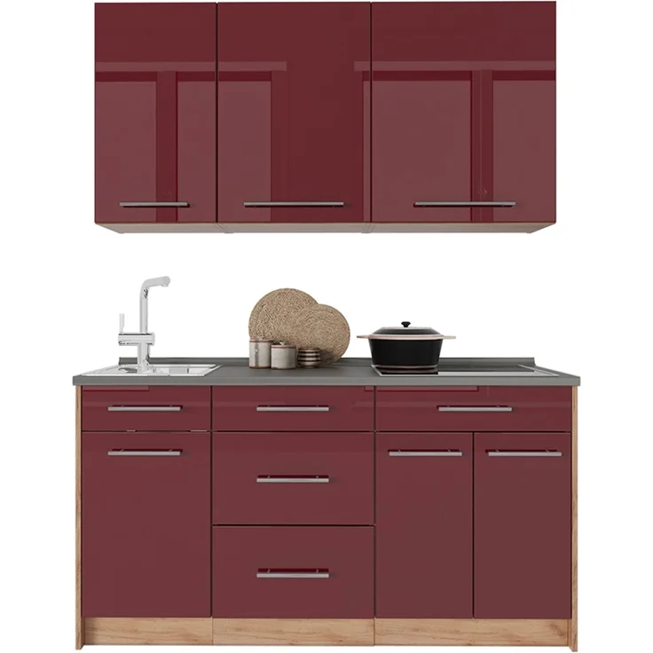 Singleküche Fame-Line Bordeaux Hochglanz/Goldkraft Eiche 150 cm ohne Arbeitsplatte Vicco – Bild 6
