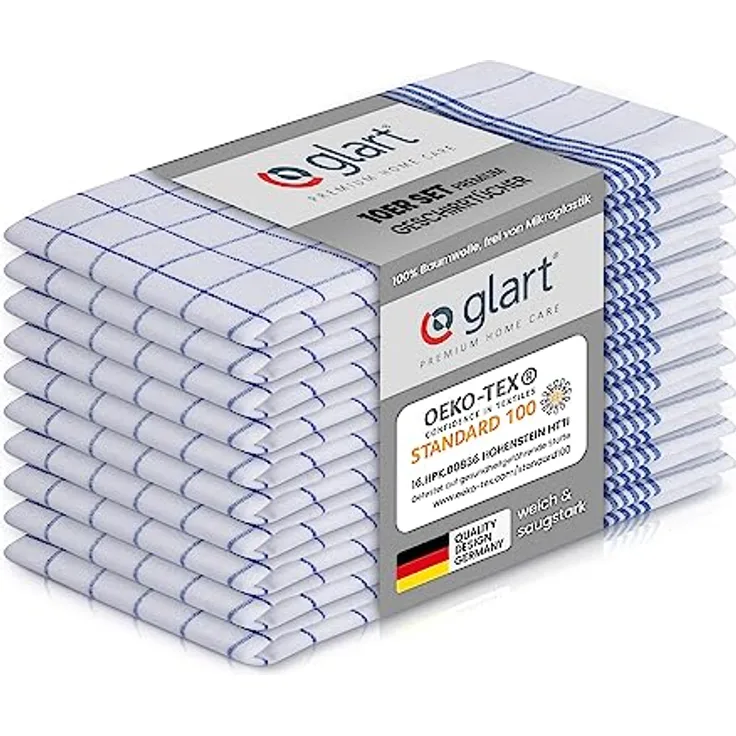 Glart 48KB2 Geschirrtücher 10er Set 50x70 cm blau kariert – 100 % Baumwolle, OEKO-TEX zertifiziert, vorgewaschen, saugstark, waschbar, langlebig, mit Aufhänger, für Haushalt, Küche, Gastronomie, Büro